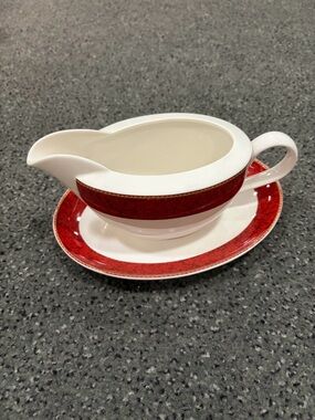 Hallmark White and Red Porcelain Gravy Boat with Matching Underplate